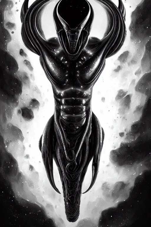 Prompt: black and white, deep space, nebula, giant xenomorph alien mixed with sharks extra teeth, tentacles, highly detailed, digital painting, artstation, concept art, smooth, sharp focus, illustration, unreal engine 5, 8 k, art by carlos huante and greg rutkowski and alphonse mucha and ifbb pro fitness photograph