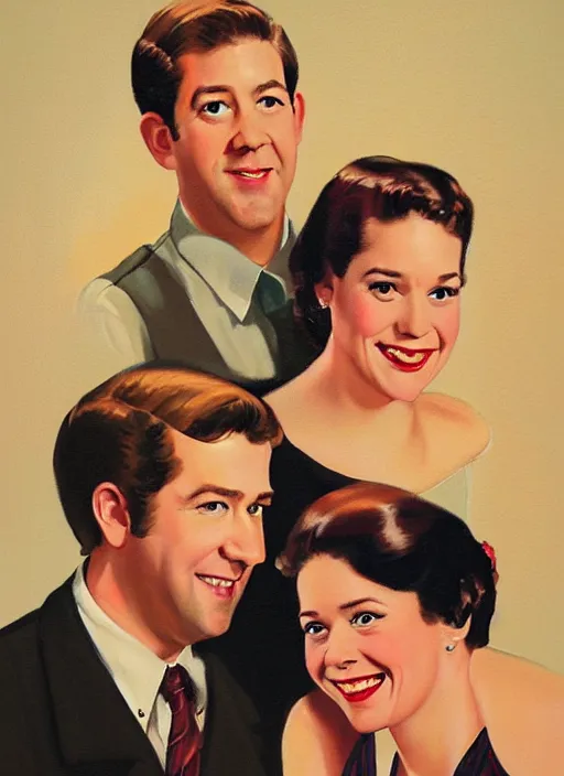 Image similar to portrait painting of jim halpert and pam beesly, dark background, in the style of gil elvgren