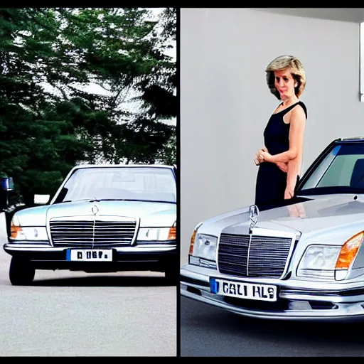 Prompt: selfie of princess Diana next to silver Mercedes-Benz W140, photograph, image, 4k HDR, trending on artstation,
