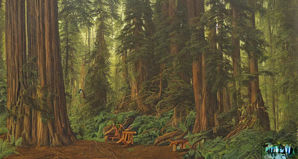 Image similar to epic painting of a coastal redwood forest, an owl sits on a park bench in the lower right, Joachim Patinier