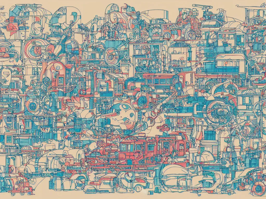 Image similar to colorful blueprint sideview of a anime train, illustration, concept art, autumn light, colorful, beautiful, studio ghibli, hayao miyazaki, takashi murakami, manga, cute and adorable