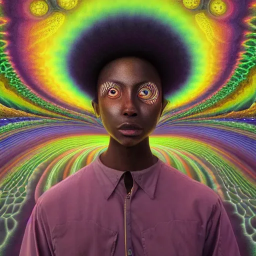 Image similar to a black boy dressed like an explorer in a field of candy, by Adi granov and afarin sajedi and amanda sage and evgeni gordiets and Agostino Arrivabene and adonna khare in a psychedelic portrait style, ultrarealistic matte painting, volumetric lighting, fractal, extremely symmetrical, highly detailed face, orisha, 8k, hd