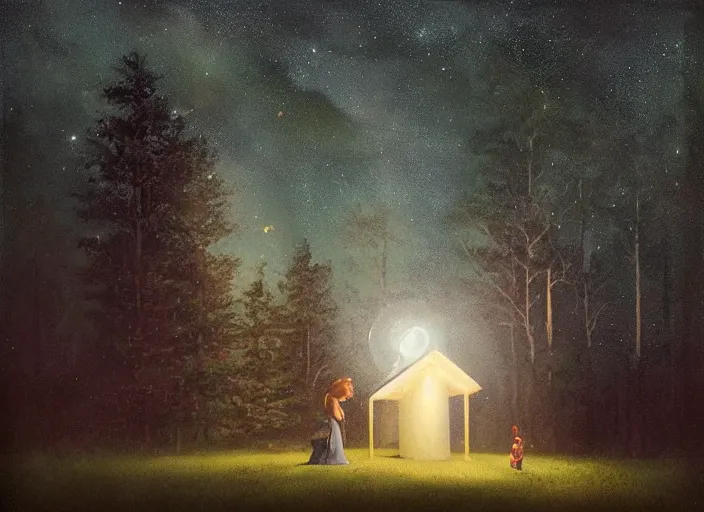 Prompt: girl on the front lawn looking into a telescope up at the stars, night time, forest in the distant background by Greg Rutkowski,