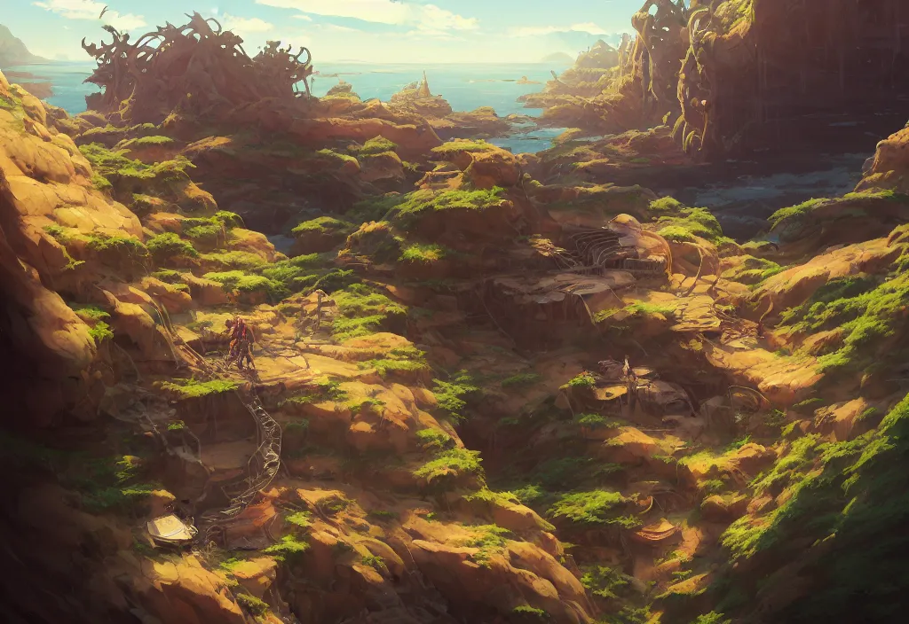 Prompt: sandfalls from a cliff, rocks, bones, old tv screens, car parts, intricate oil painting, high detail illustration, sharp high detail, manga and anime 1 9 9 9, official fanart behance hd artstation by jesper ejsing and makoto shinkai, 4 k,