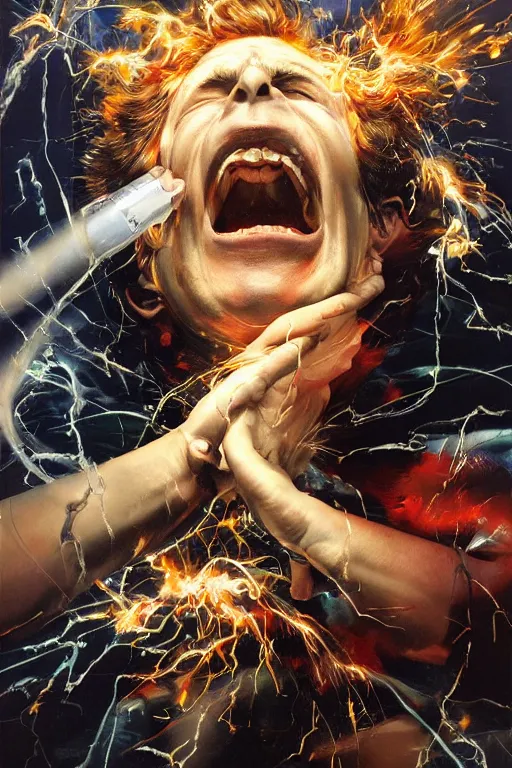 Prompt: no negative space uhd hyperrealistic photorealisitc hyperdetailed detailed rick moranis screaming, motion lines!!!! sparks flying!!! motion blur!! with sparking circuits, studio lighting, by phil hale!!!! goya!!! ayami kojima amano karol bak, greg hildebrandt and mark brooks