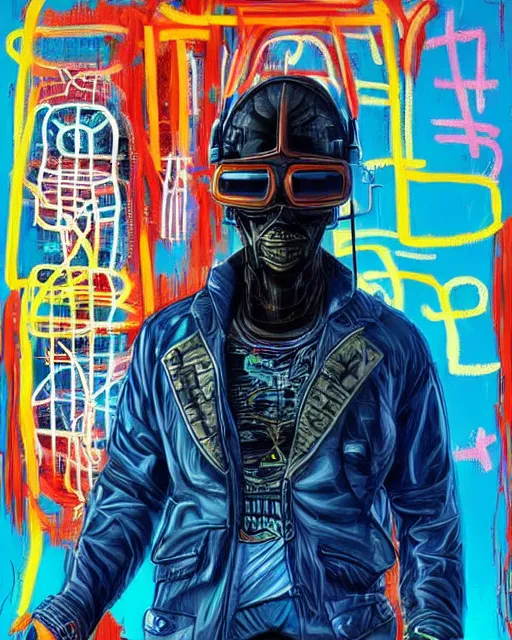 Prompt: a cyberpunk portrait of a navy seal by jean - michel basquiat, by hayao miyazaki by artgerm, highly detailed, sacred geometry, mathematics, snake, geometry, cyberpunk, vibrant, water