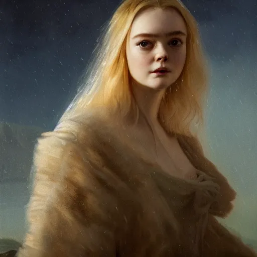 Prompt: Elle Fanning in Santorini in the world of Rembrandt, head and shoulders portrait, stormy weather, extremely detailed masterpiece, oil on canvas, low-key neon lighting, artstation, Blade Runner 2049, Roger Deakin’s cinematography, by J. C. Leyendecker and Peter Paul Rubens and Edward Hopper and Michael Sowa,