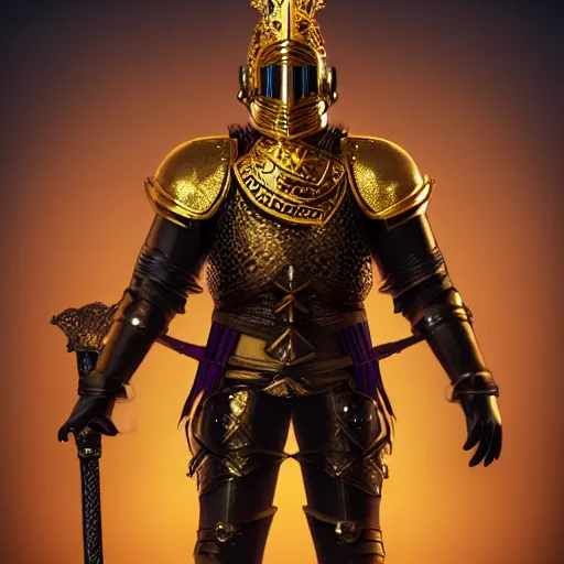 Image similar to a highly detailed knight with glowing purple eyes in a golden helmet and a golden crown with a diamond in the center, golden armor, leather clothes under the armor, leather gloves, holds a black sword, artstation, DeviantArt, professional, octane render, sunset lighting