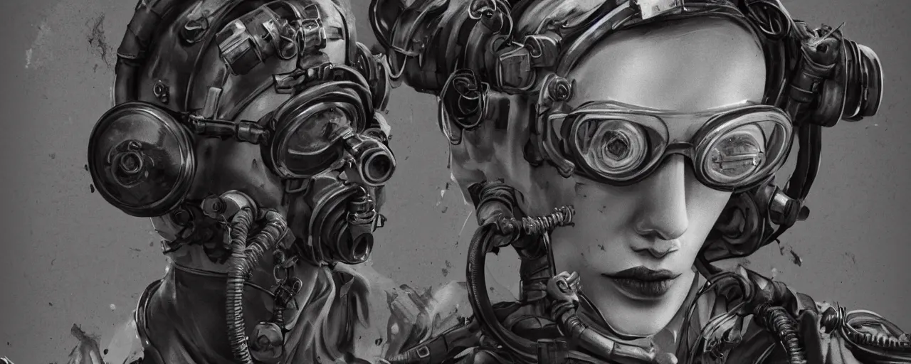 Prompt: detailed ink character concept art 3 / 4 portrait of tattooed stoic heroic emotionless butch blonde woman engineer with short slicked - back hair, wearing dirty flight suit, wearing dark victorian goggles, working inside reactor room, awkward and uncomfortable and anxious, dirty. industrial space program, scifi, hyper detailed. octane render. trending on artstation