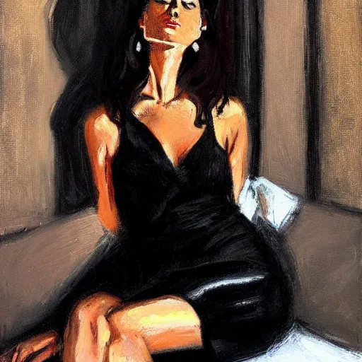 Image similar to Ground Level Shot of a dark haired woman wearing a black dress, on a bed. by fabian perez