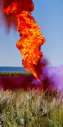 Prompt: A tall artichoke in flower engulfed in flames