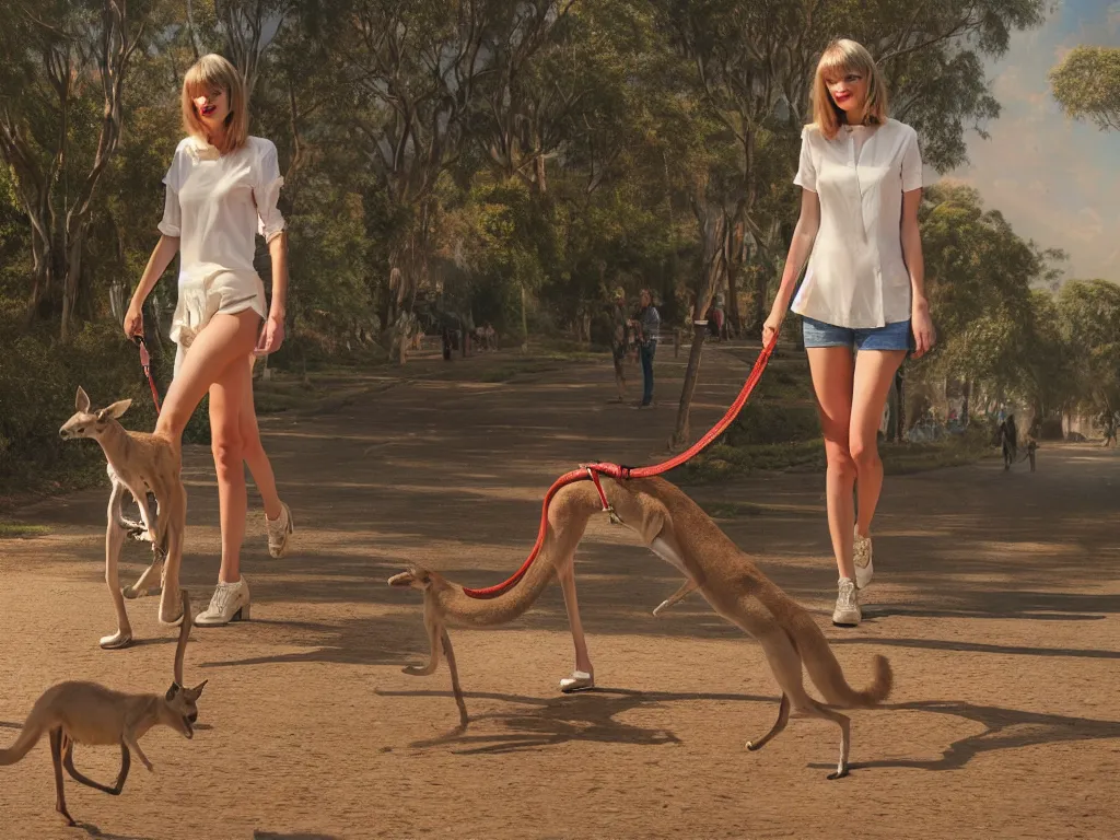 Prompt: taylor swift walking a kangaroo in the style of michael cheval, 4 k, hyper detailed, trending on artstation, photorealistic, volumetric lighting, octane render,