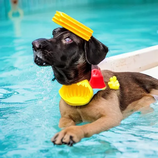 Prompt: a dog in a pool with a toy boat on the top of the dog's head, realistic, highly detailed, photo, 4k