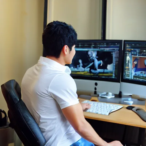 Prompt: a 30 year old muscular man wearing a genshin cosplay, sitting at a computer, hyper realistic photorealistic