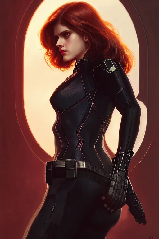 Image similar to alexandra daddario as black widow, realistic portrait, symmetrical, highly detailed, digital painting, artstation, concept art, smooth, sharp focus, illustration, cinematic lighting, art by artgerm and greg rutkowski and alphonse mucha