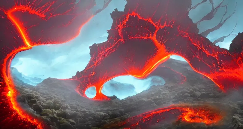 Image similar to a volcano made of ivory vines and crimson rocks enters in eruption, it spits a smoke in the shape of demonic eye, from Hearthstone