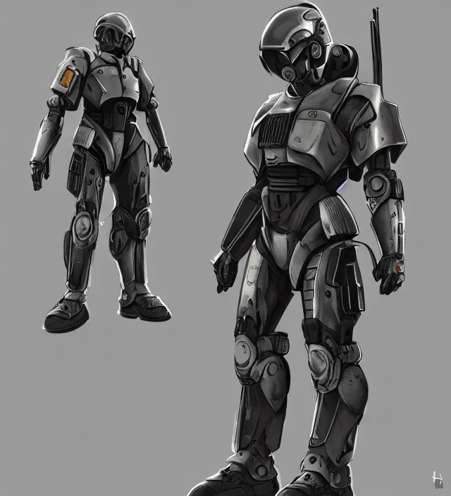 Image similar to a 3 / 4 view of a soldier wearing powered armor in the style of fallout power - armor and bubblegum crisis powersuit trending on artstation deviantart pinterest hyper detailed photorealistic hd 8 k post - processing high resolution