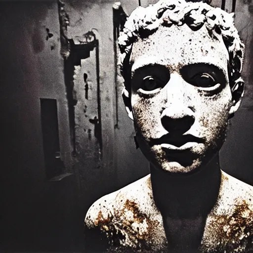 Image similar to Award-winning photograph by Cindy Sherman. The photo depicts a decaying roman bust of Mark Zuckerberg overgrown with moss at the bottom of the sea in the middle of ruins of civilization. Far shot. Minimalism, high definition, perfect composition. Deep sea picture. Very dark. Volumetric Lighting. Fish. Darkness. Ruins. Far Shot