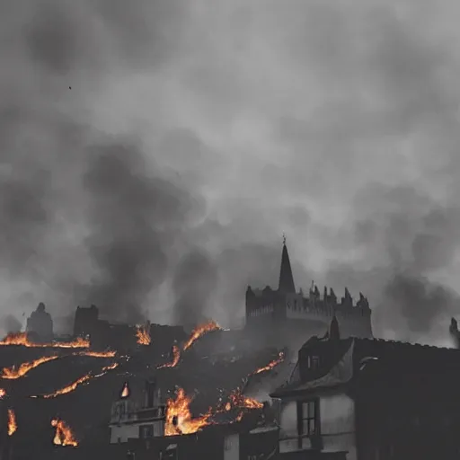 Prompt: “A black dragon flying over a burning medieval city”