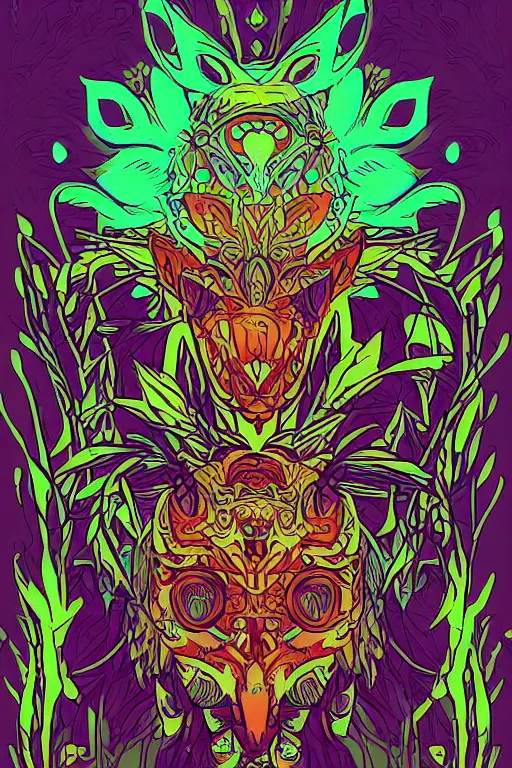 Image similar to animal mask totem roots flower tribal feather gemstone plant wood rock shaman vodoo video game vector cutout illustration vivid multicolor borderlands comics by josan gonzales and dan mumford radiating a glowing aura