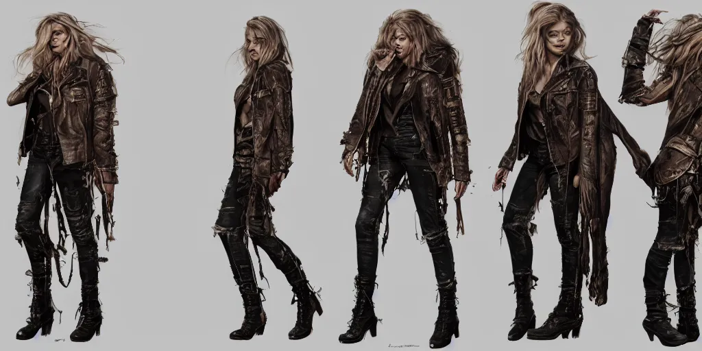 Image similar to samara weaving as a wanderer with tattooed arms and legs wearing a scratched leather and ripped aviator leather jeans, wearing a short black jacket with rusty medals on it, character sheet, head details, props, concept design, contrast, kim jung gi, greg rutkowski, trending on artstation, full body, turnaround, ultra wide angle, pincushion lens effect