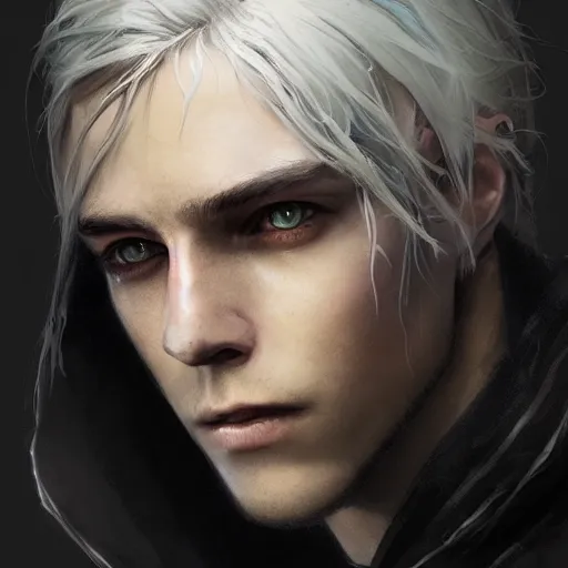 Prompt: portrait of a young man with glowing purple eyes, silver hair, wearing a black cloak, concept art, cinematic lighting, detailed face, highly detailed, painting by greg rutkowski
