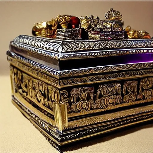 Image similar to Ornate Embellished Casket with Ancient Mummy King rising out Treasure Jewels Coins Fantasy Art