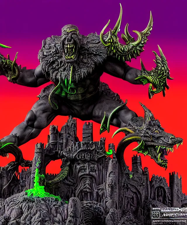 Image similar to a hyperrealistic rendering of an epic boss fight against an ornate supreme dark overlord by art of skinner and richard corben, product photography, mountain nightmare castle playset, collectible action figure, sofubi, neon color