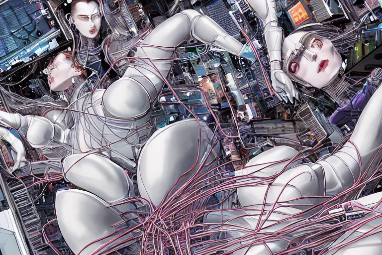 Prompt: a finely composed cyberpunk illustration of a group of female androids in style of hajime sorayama, lying on an abstract, empty, white floor with their body parts scattered around and cables and wires coming out, by katsuhiro otomo and masamune shirow, hyper-detailed, intricate, colorful, view from above, wide angle, close up, beautiful