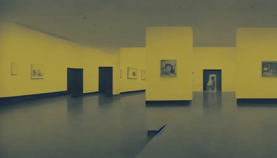 Prompt: 60s movie still of a sovietic stalinist style empty art museum with a soviet congress with yellow wall, super 8 film, liminal Space style, heavy grain