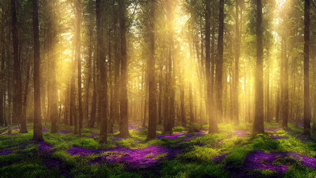 Image similar to portrait of an ethereal evergreen forest made of green and purple light with log cabin made of golden light, divine, cyberspace, mysterious, dark high-contrast concept art