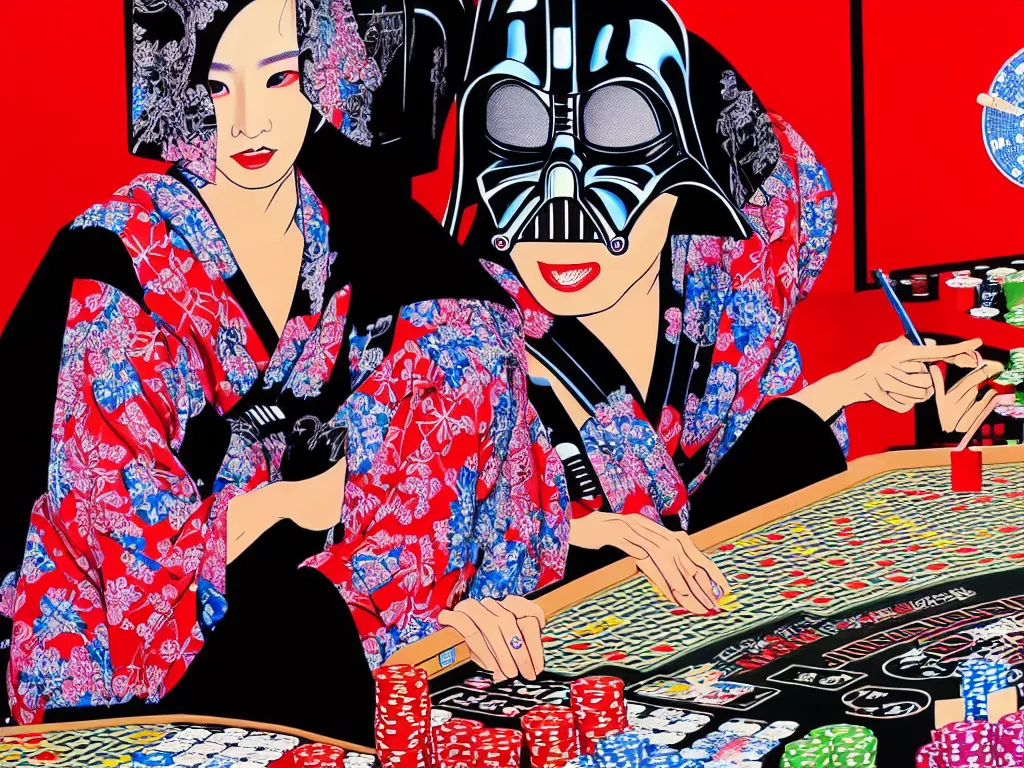 Image similar to hyperrealism composition of the detailed woman in a japanese kimono sitting at an extremely detailed poker table with darth vader, fireworks on the background, pop - art style, jacky tsai style, andy warhol style, acrylic on canvas