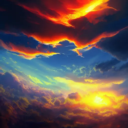 Image similar to burning clouds, falling, 4k, post-processing, very very detailed, artstation, cute
