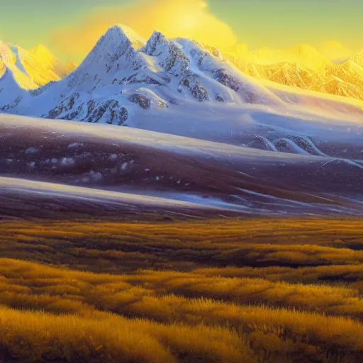 Image similar to A professional digital landscape painting of a vast wintery tundra with peaking mountains in the background, painted by Terese Nielsen, 4k, digital art, trending on cgsociety, highly detailed, upper body shot, shallow depth of field, purple and yellow lighting, professional lighting, airbrush,