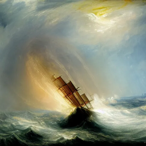 Prompt: kraken tentacles stormy sea steamship boat dramatic clouds painting style of turner