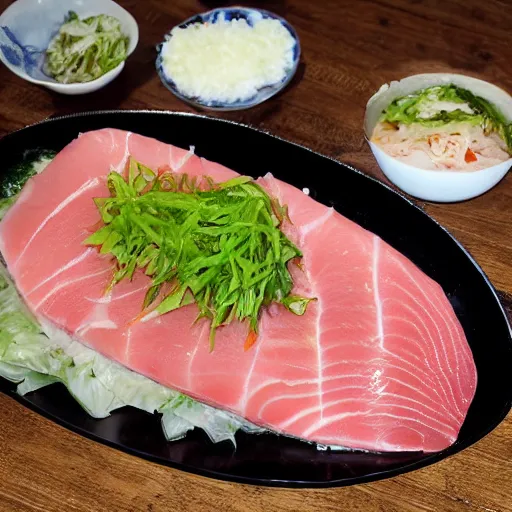 Image similar to slab of tuna on Kimchi (/ˈkɪmtʃiː/; Korean: 김치, romanized: gimchi, IPA: [kim.tɕʰi]), is a traditional Korean side dish of salted and fermented vegetables, such as napa cabbage and Korean radish.