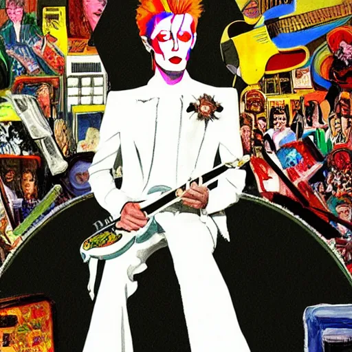 Image similar to a painting of David Bowie, wearing a white suit, sitting on a throne of guitars, in the style of Alex Ross