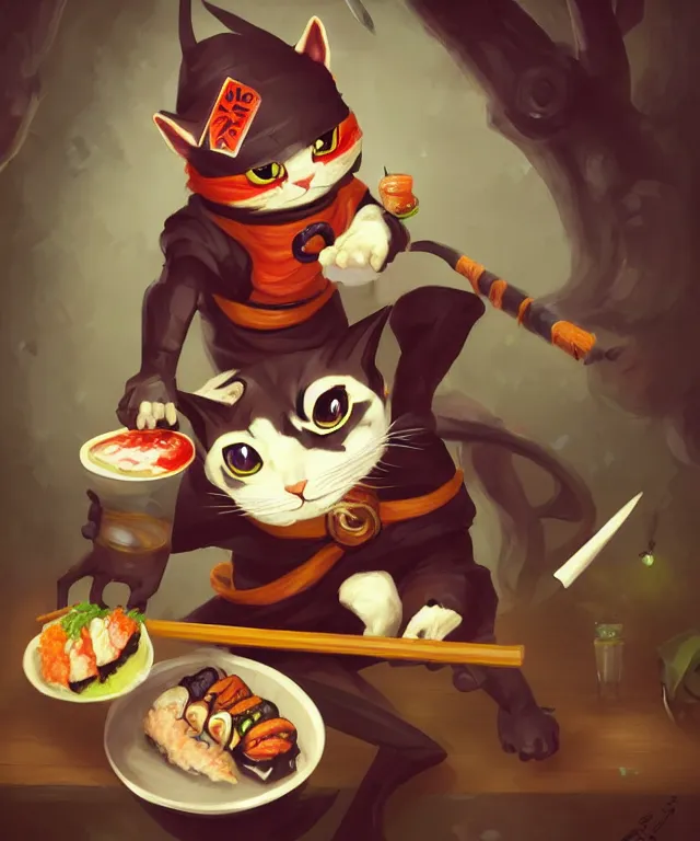 Prompt: a portrait of an anthropomorphic cat ninja eating sushi, ninja outfit, standing in a restaurant, cute and adorable, dnd character art portrait, well rendered matte fantasy painting, deviantart artstation, by jason felix by steve argyle by tyler jacobson by peter mohrbacher, cinematic lighting