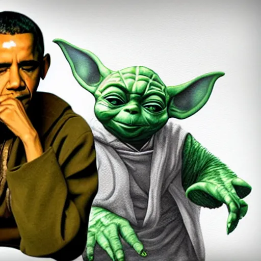 Prompt: Obama Smoking a fat blunt with Yoda, both of them drinking mountain dew