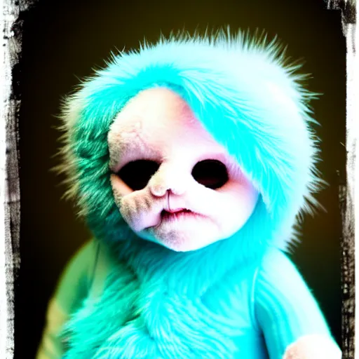 Image similar to lomography long shot of cute plush fluffy chthonic doll monster made to look like a baby, bokeh background