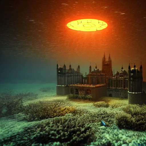 Image similar to underwater Big Ben, deep underwater, fish shoal, concept art in style of Greg Rutkowki, dynamic moody lighting, 4k, very highly detailed, hyper realistic