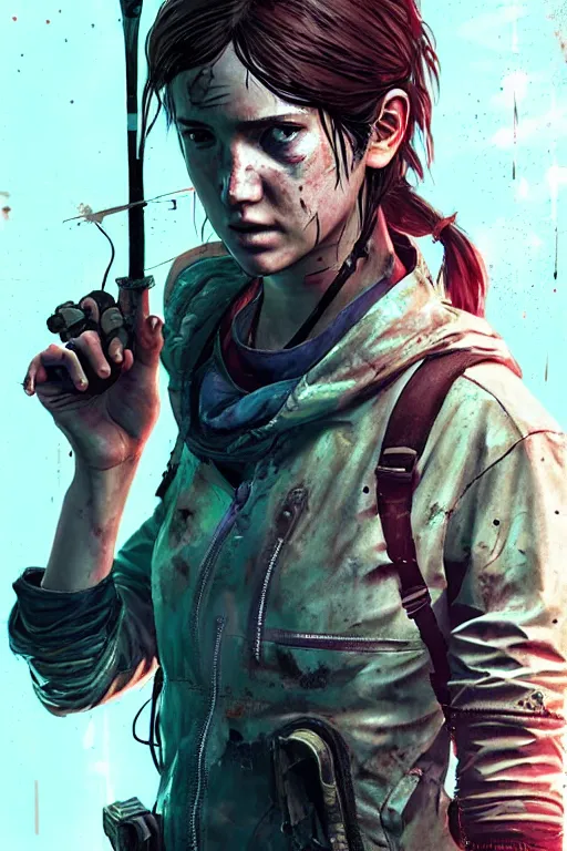 Image similar to ellie from the last of us part 2, cyberpunk futuristic neon. fencing, long sword in her hand, decorated with traditional japanese ornaments by ismail inceoglu dragan bibin hans thoma greg rutkowski alexandros pyromallis nekro rene maritte illustrated, perfect face, fine details, realistic shaded, fine - face, pretty face, masterpiece