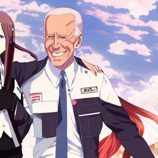 Prompt: photorealistic Joe Biden if he were an anime girl anime key visual, digital art, anime screenshot, kyoto animation, makoto shinkai, trending on artstation