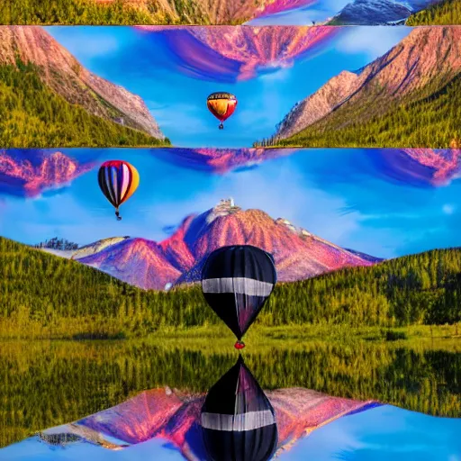 Image similar to photo of two black swans touching heads in a beautiful reflective mountain lake, a colorful hot air balloon is flying above the swans, hot air balloon, intricate, 8k highly professionally detailed, HDR, CGsociety