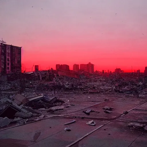 Image similar to a completely destroyed city with a red sky