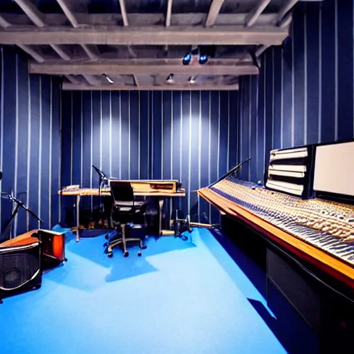 Image similar to a super cozy modern music studio at night with dark blue walls and ceiling leds, volumetric image beautiful composition