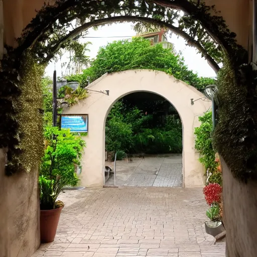 Prompt: the archway from that restaurant we liked