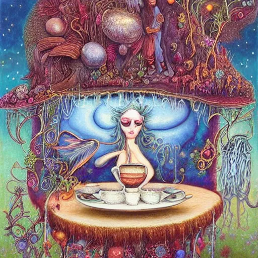 Image similar to surreal hippie coffee, artwork by daniel merriam