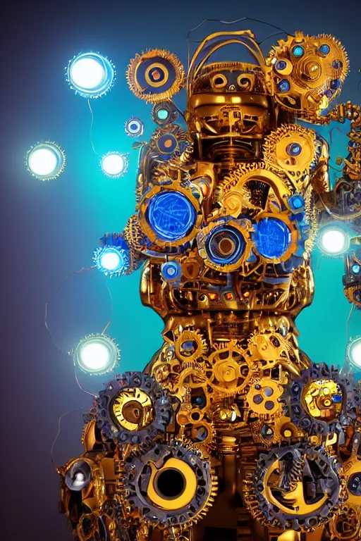 Image similar to portrait photo of a giant huge golden and blue metal steampunk robothead covered with multicolored machine parts and gears and tubes, eyes are glowing red lightbulbs, shiny crisp finish, 3 d render, 8 k, insaneley detailed, fluorescent colors, background is multicolored lasershow