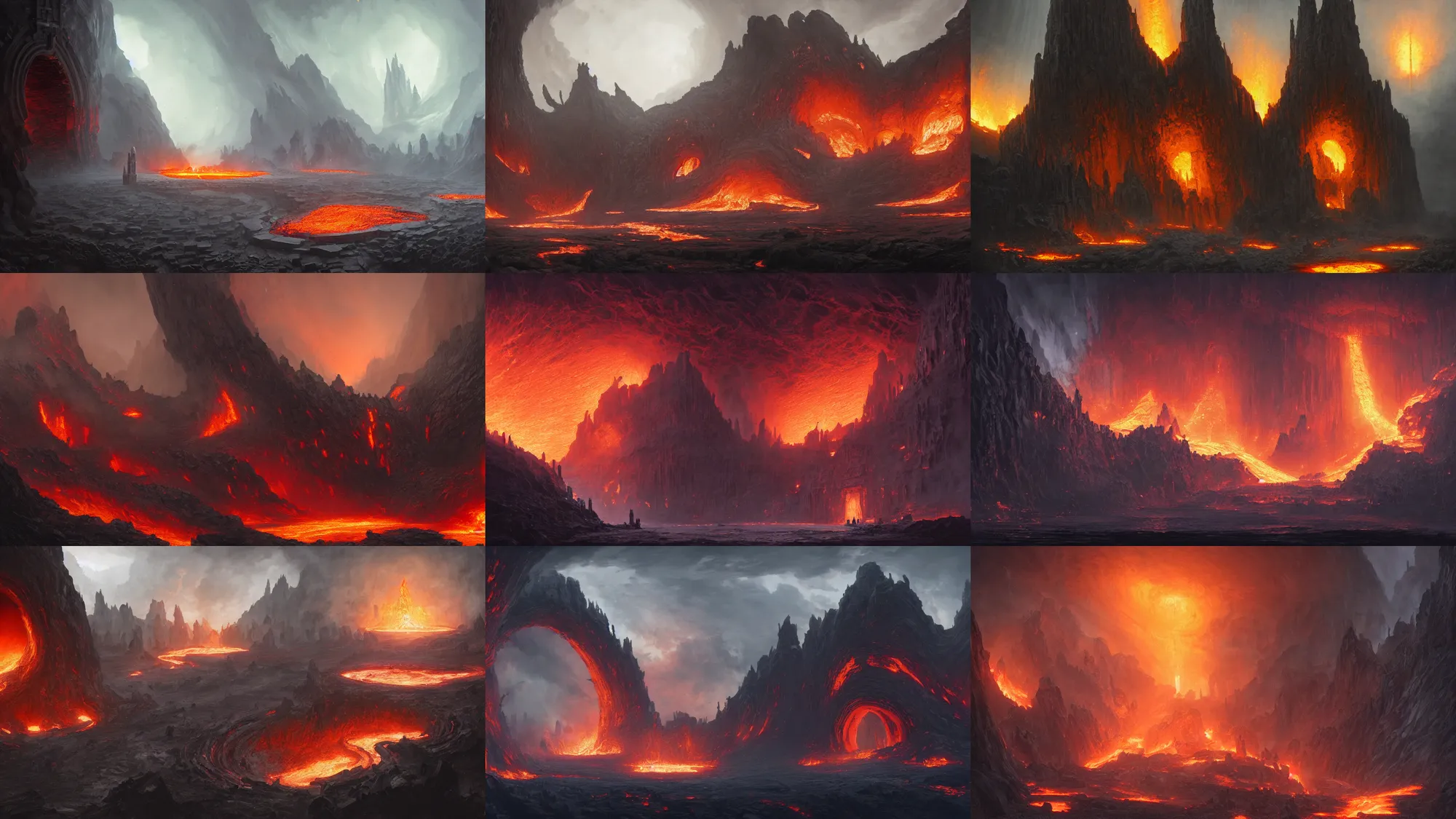Prompt: an obsidian monastic cathedral with a giant obsidian door, in the elemental plane of fire, with rivers of lava surrounding it, Dungeon and Dragon illustration, painted by Greg Rutkowski, 4k, trending on ArtStation